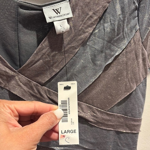 Women's Striped V-Neck Top - Gray and Brown - Picture 3 of 6